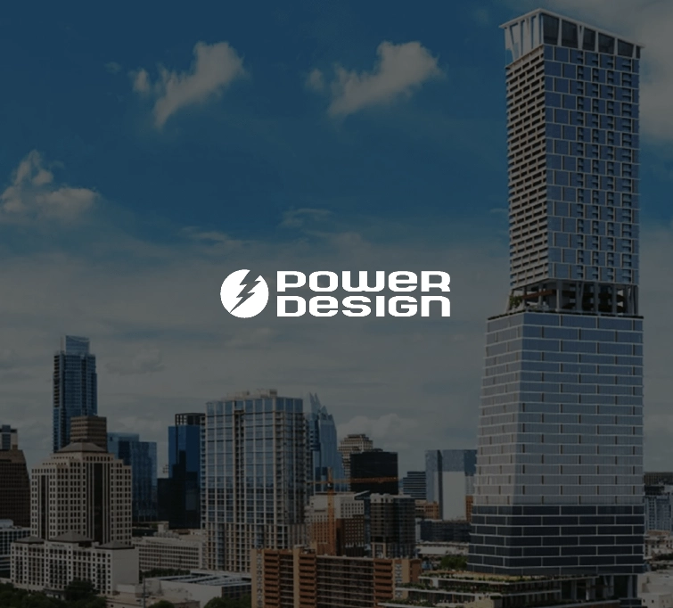 Power Design logo on cityscape background
