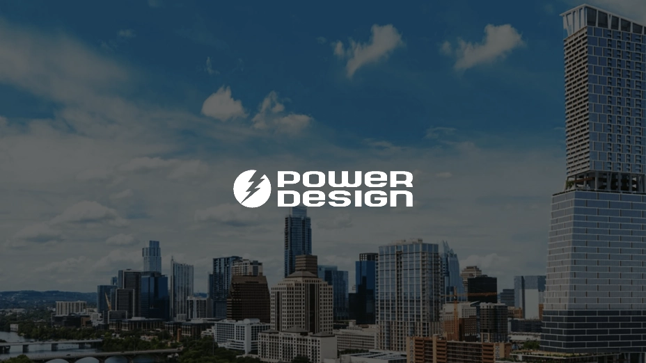 Power Design logo on cityscape background
