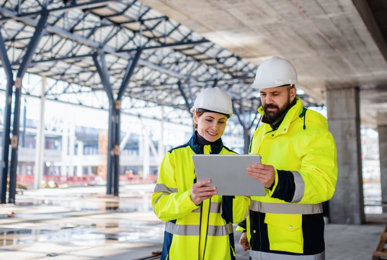 twee bouwvakkers kijken naar een ipad