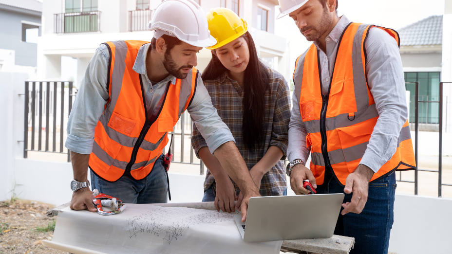 Construction team collaborating with laptop