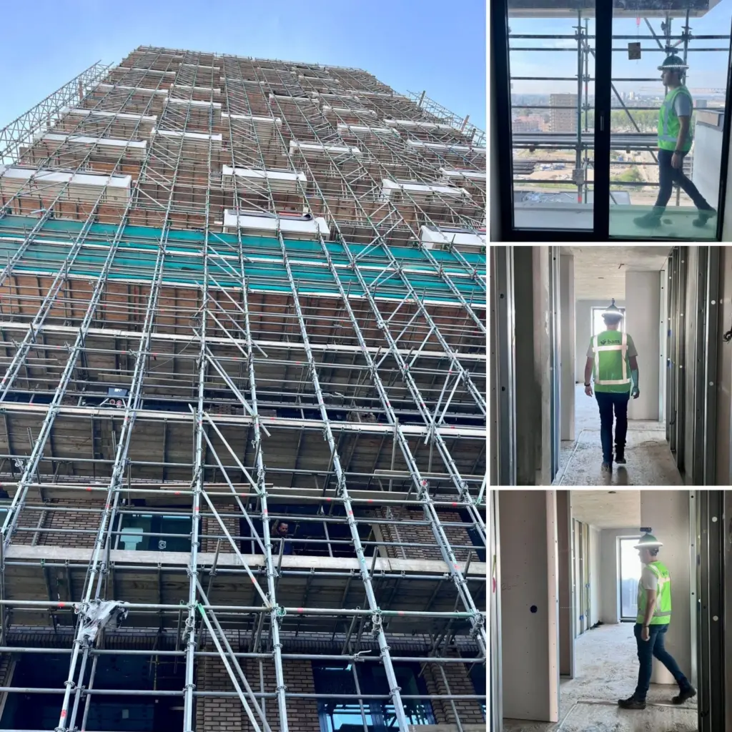 Collage of photos of a person walking a construction site with a 360 camera mounted on their hard hat