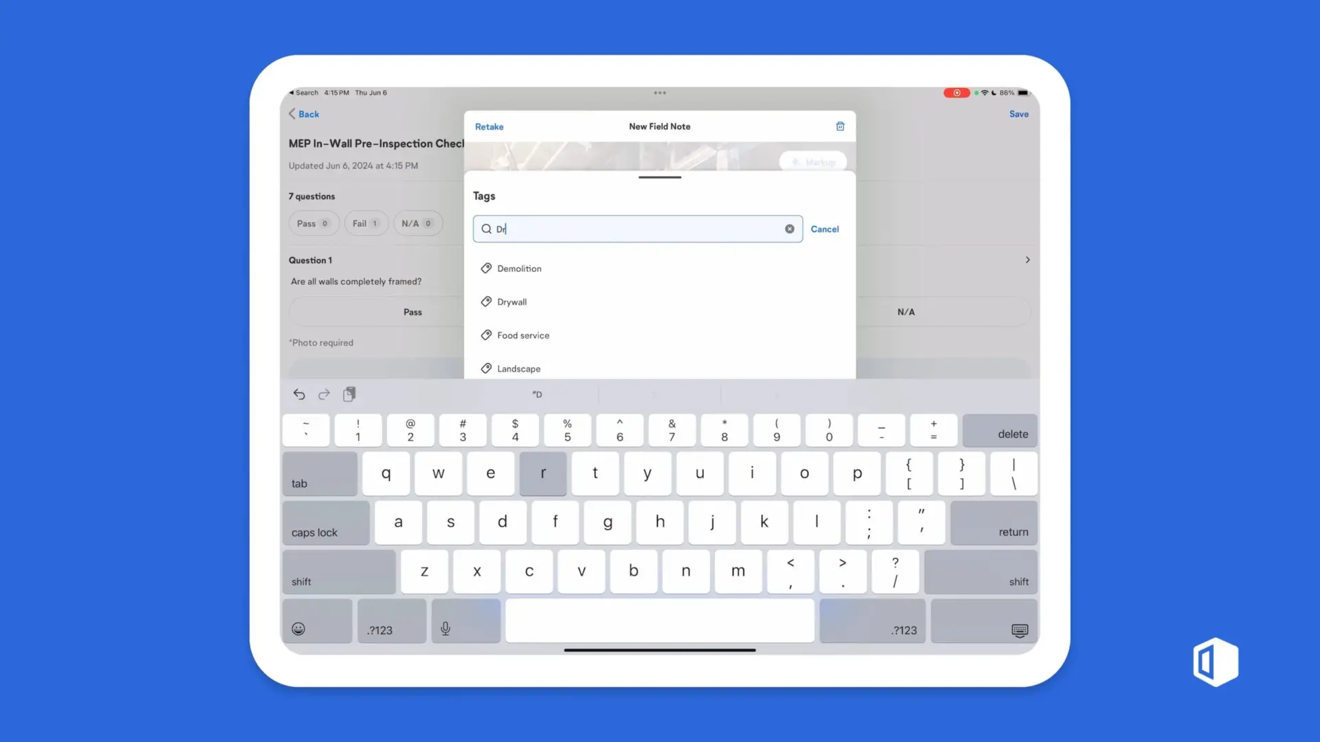 [Check+] Filling out MEP in-wall pre-inspection checklist tablet thumbnail 1920 x 1080 px