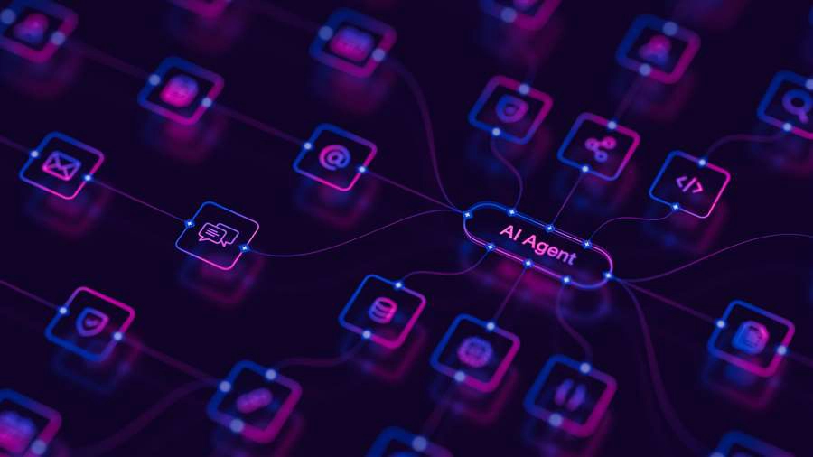 Abstract 3D render of an AI agentic workflow interface with nodes, triggers, and data connections