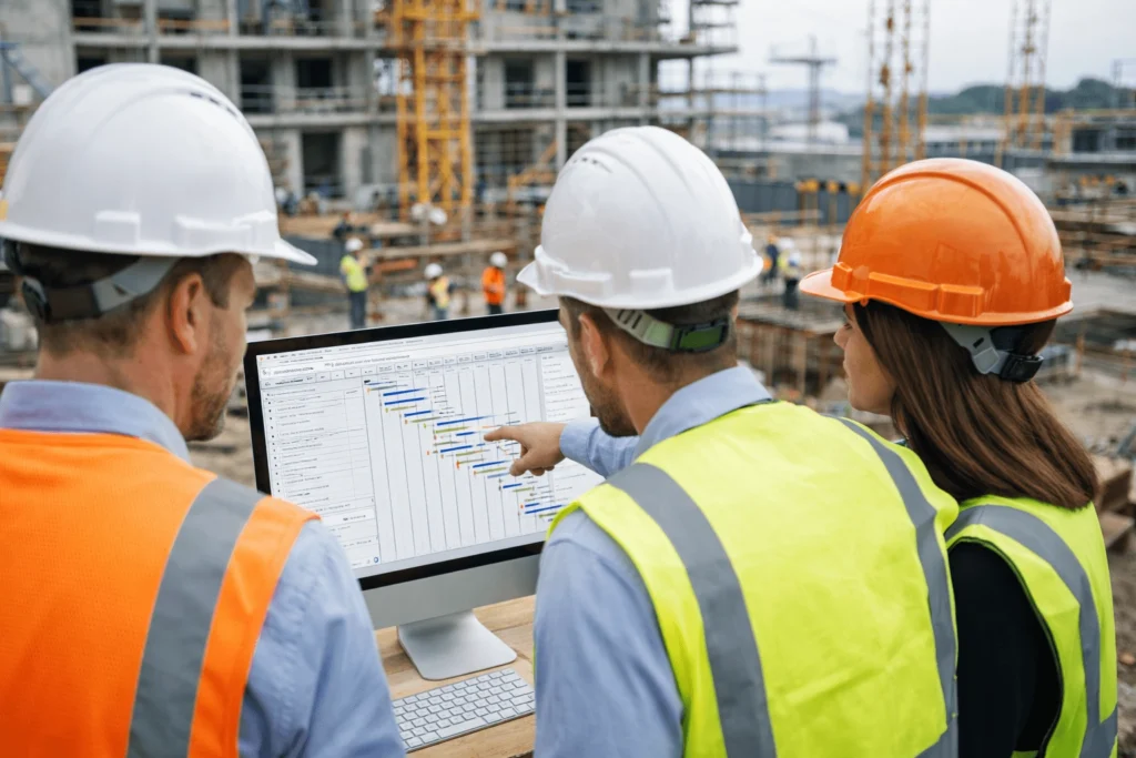 Construction worker reviewing job site data on a tablet with monitoring technology in the background