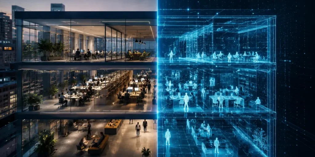 Office space shown as a digital twin model with AI data overlays on a computer screen
