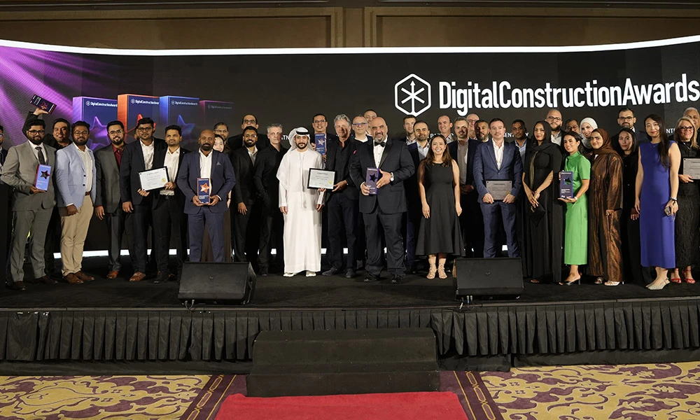 Award trophies on display at the 2026 Digital Construction Awards ceremony at the Ritz Carlton JBR, Dubai