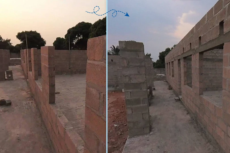 Wide-angle construction site documentation of the PATRIZIA KinderHaus school being built in Kazembe, Zambia