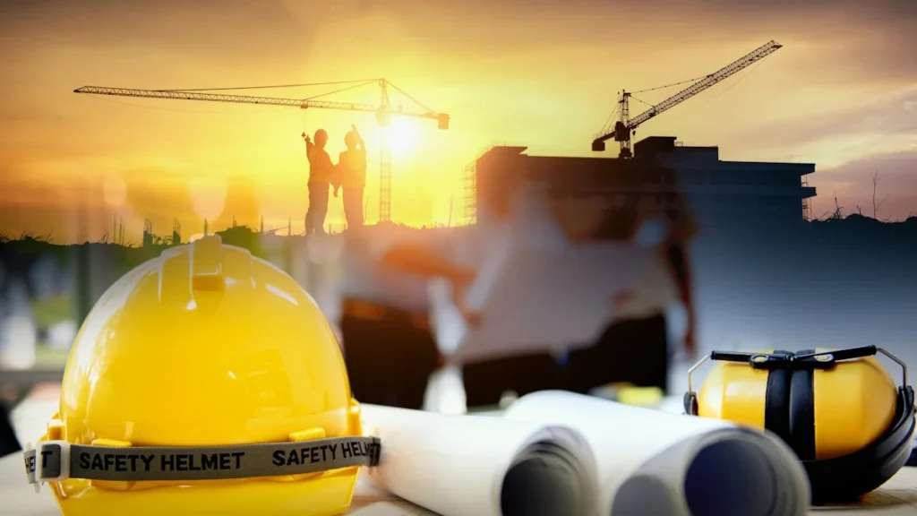 Yellow safety helmet with construction blueprints and ear protection, with workers and a building site at sunset