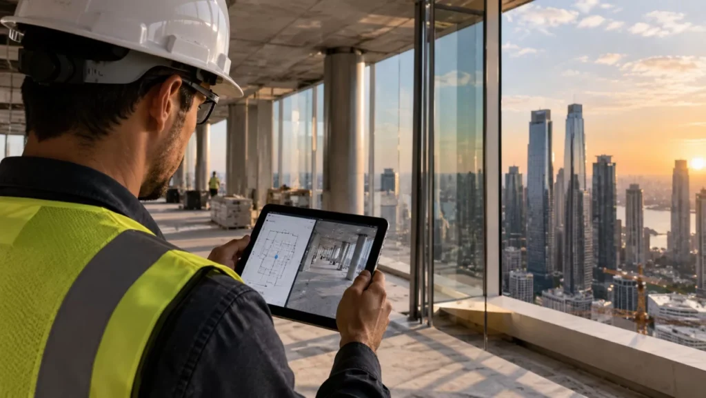 OpenSpace platform interface showing a BIM model overlaid with real-time construction site location data